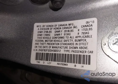 2013 Honda Civic Lx из США, поврежденный, VIN 2HGFB2F52DH582012